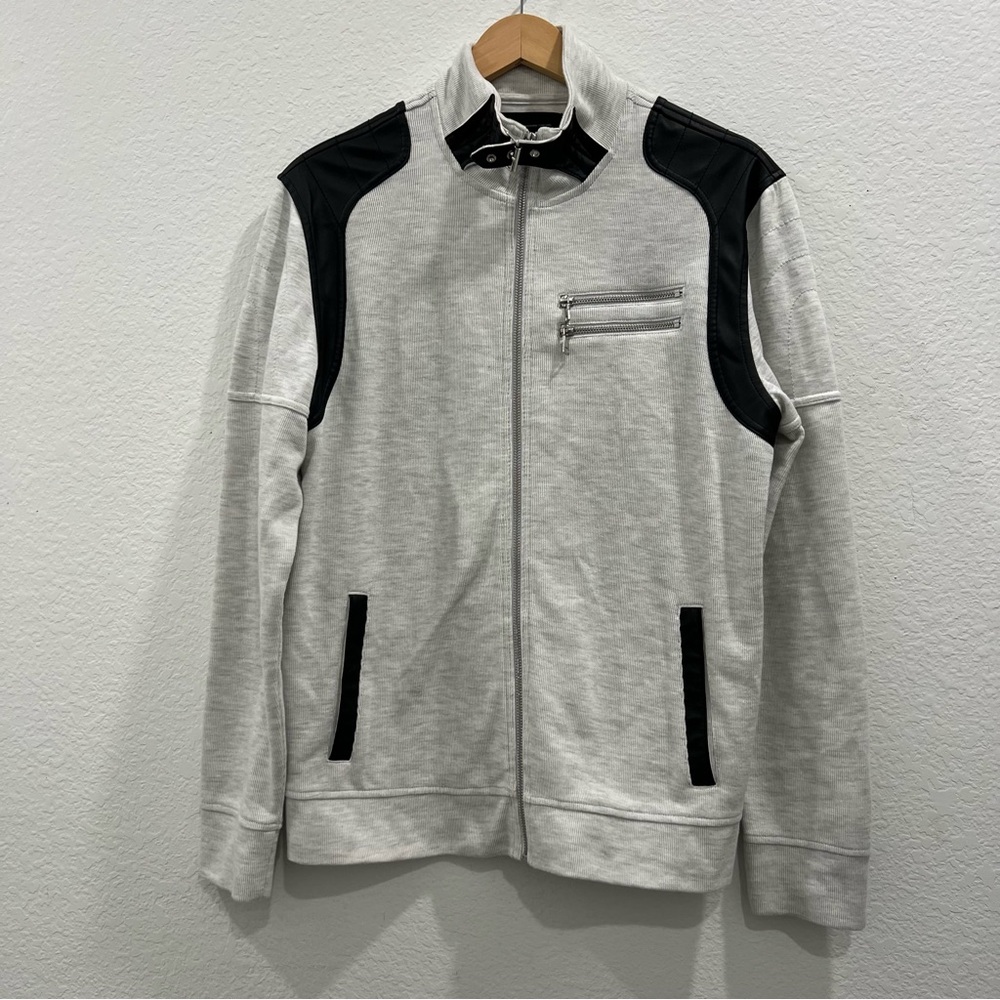 INC‎ Mens Sweater Heather Light Gray Size Medium Faux-Leather Trim Full Zip